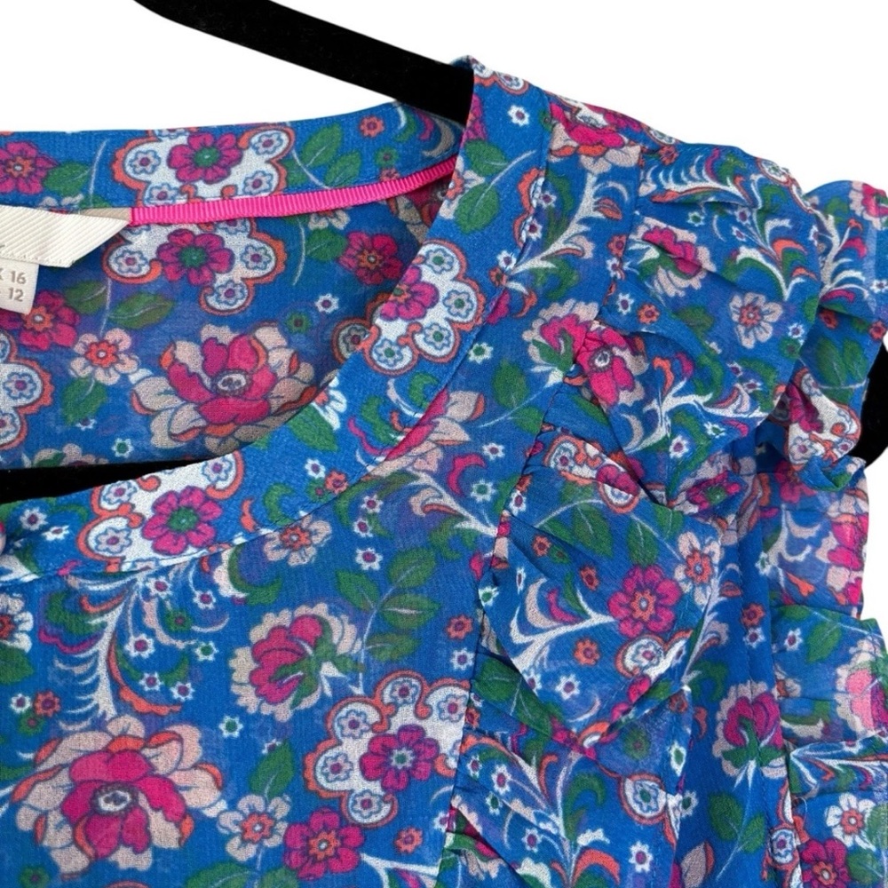 BODEN Blue Pink Floral Sleeveless Blouse Size US 12 Ruffle Bib Front Top Shirt - Picture 3 of 5